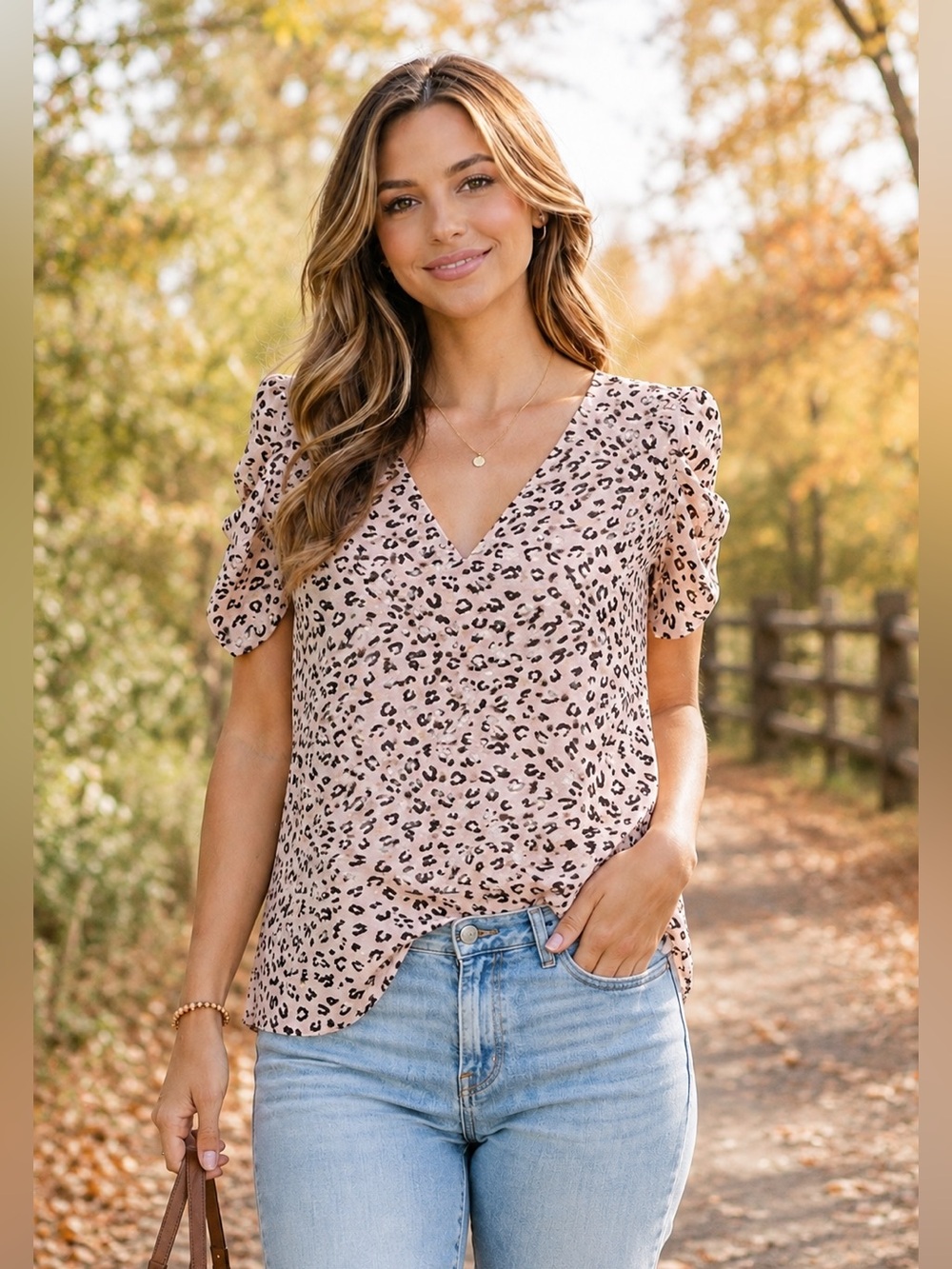 Adrienne Boutique Pink Leopard Print Blouse Pink Puff Sleeve Top V-Neck Small